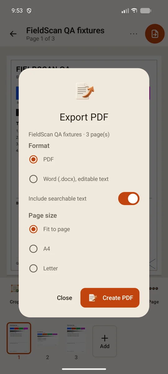 Searchable PDF and Word export